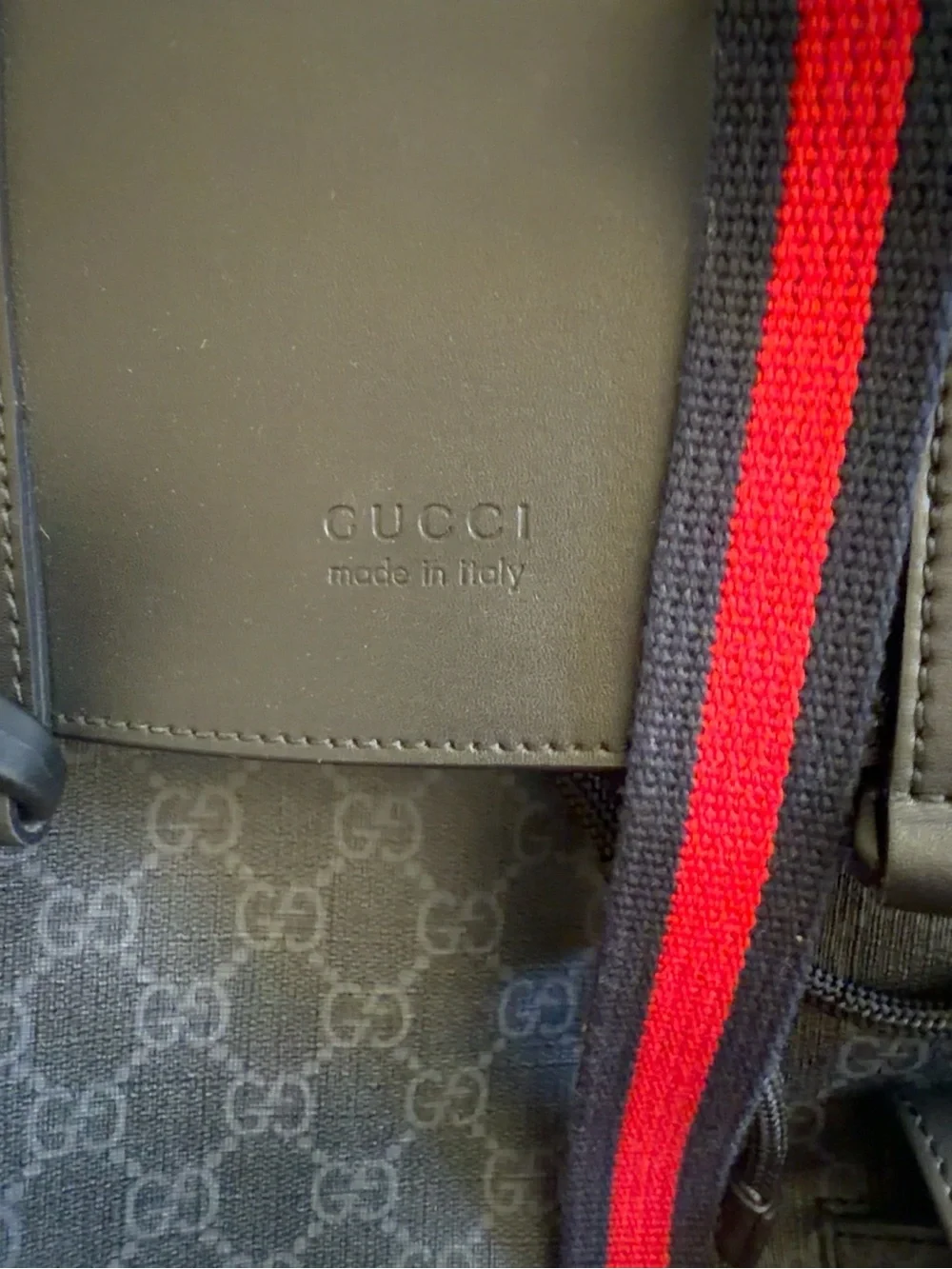 Gucci Black GG Canvas Backpack with Red and Blue Web Straps